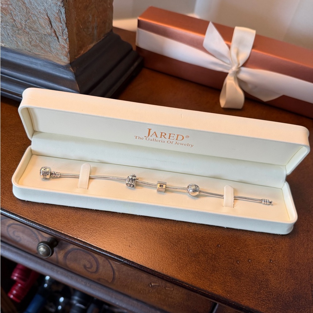 Pandora Sterling Silver Charm Bracelet with 3 Charms—NEW in box